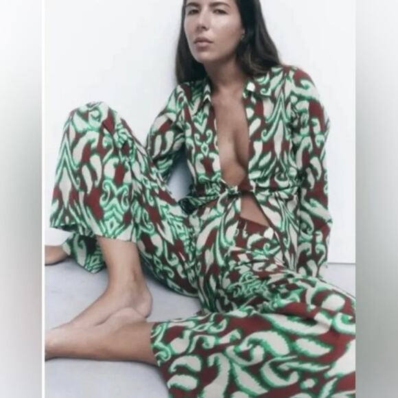 NWT Zara Printed Wide Leg Cotton Pants Sz XS Green & Brown 70s Boho - Picture 3 of 9